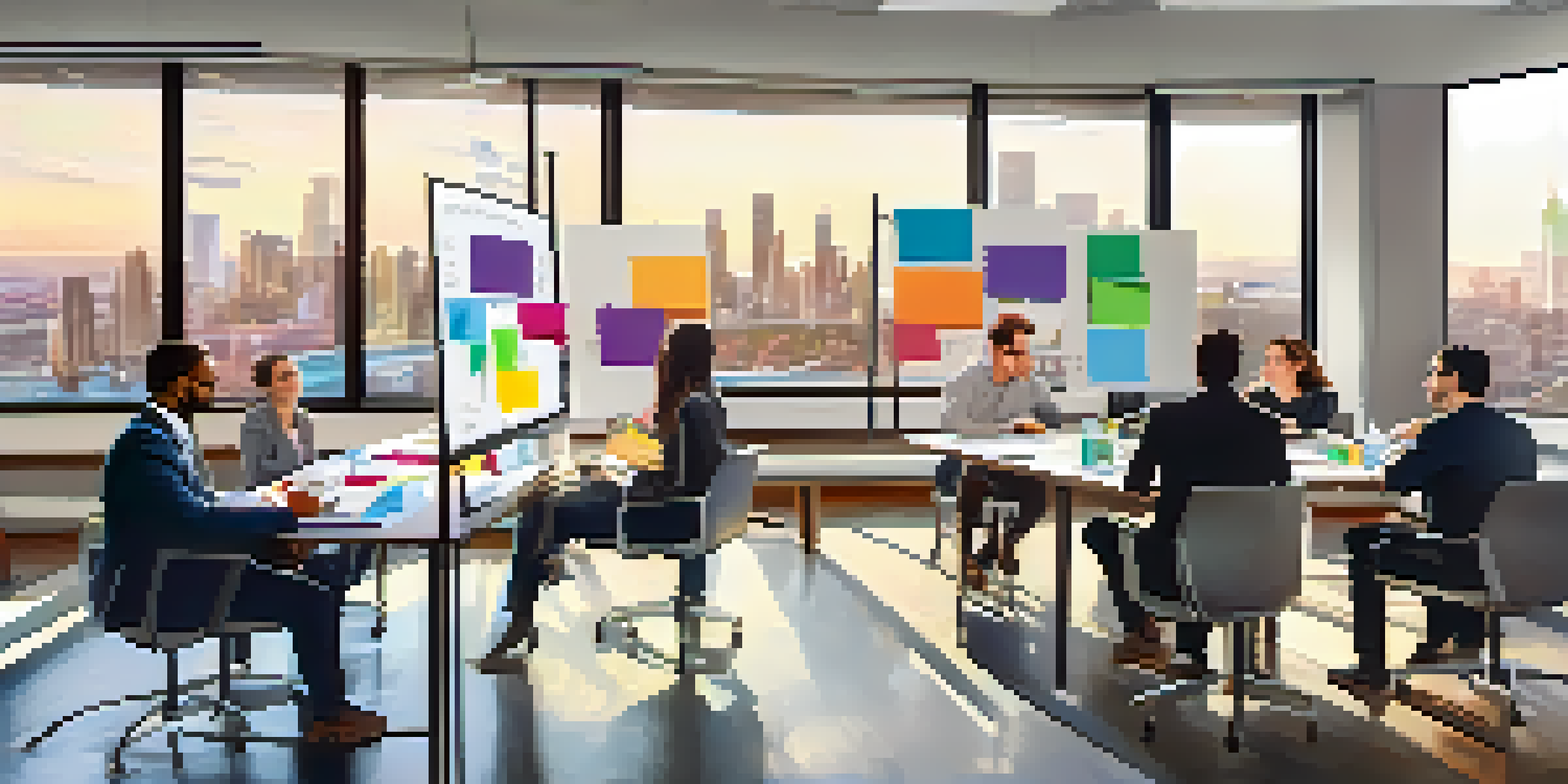 A vibrant workshop scene with diverse professionals discussing in a modern conference room, bright windows showing a city view.