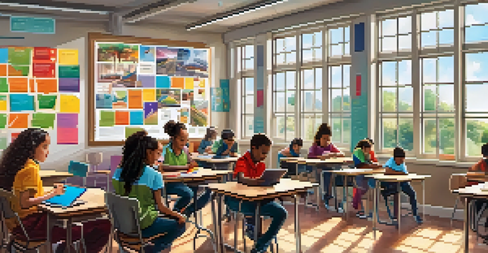 A bright classroom where diverse students are actively using smartphones and tablets to learn together, with educational posters and sunlight enhancing the atmosphere.