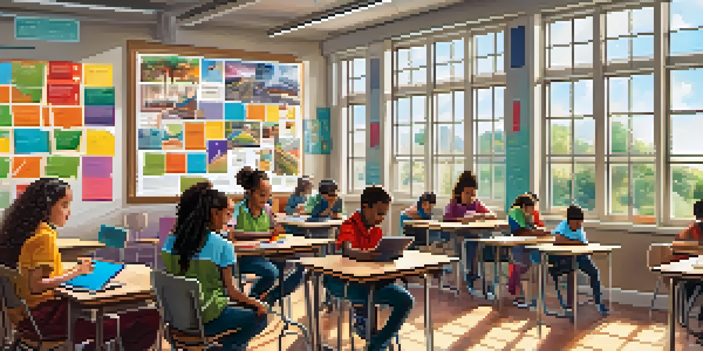 A bright classroom where diverse students are actively using smartphones and tablets to learn together, with educational posters and sunlight enhancing the atmosphere.