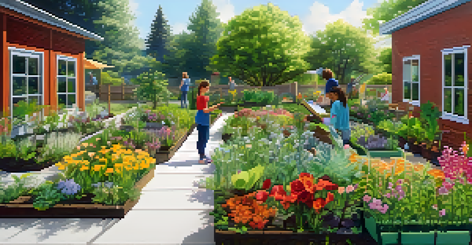 Students collaborating in a sustainable garden, measuring plants and sketching layouts under bright sunlight.