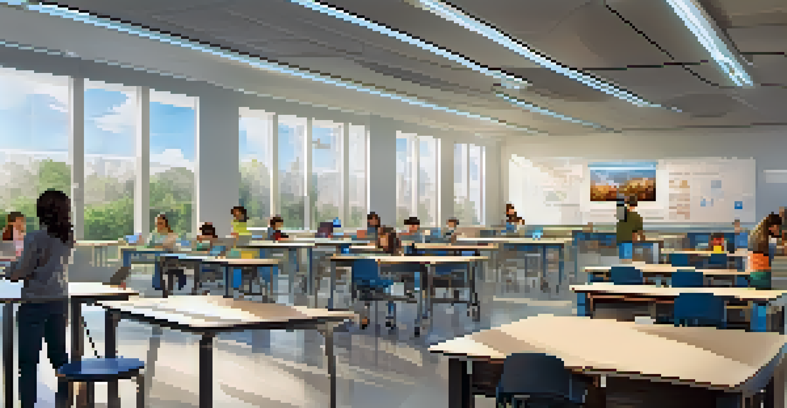 A modern classroom with students using tablets and virtual reality headsets for personalized learning, highlighting technological integration in education.