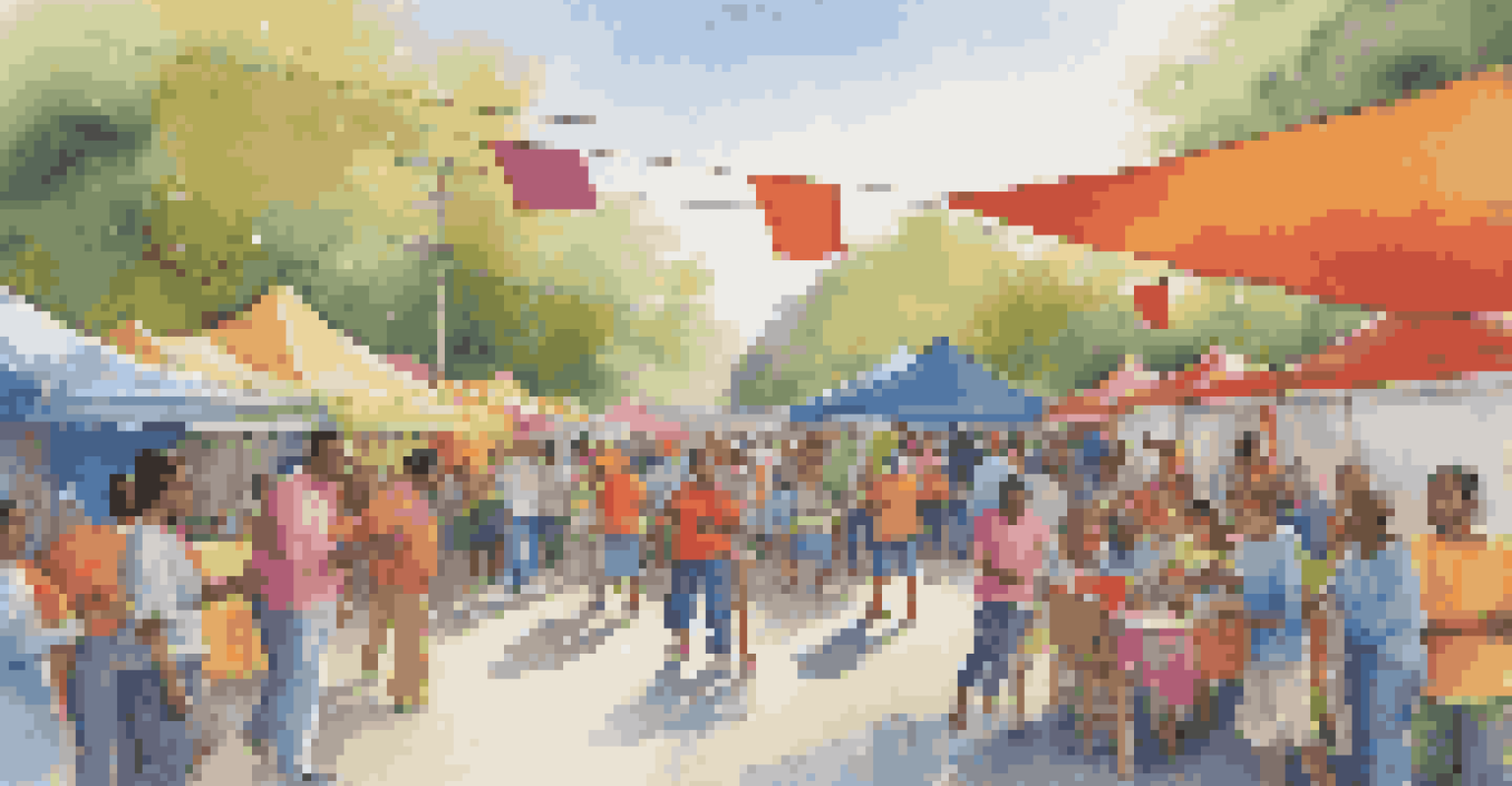 A lively community event with colorful tents providing information on technology access, families interacting with volunteers, and children playing in the background.