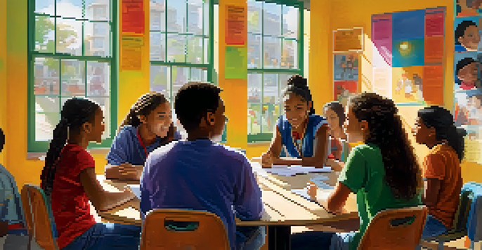 A diverse group of students in a classroom, engaged in a collaborative discussion, showcasing various cultural backgrounds.