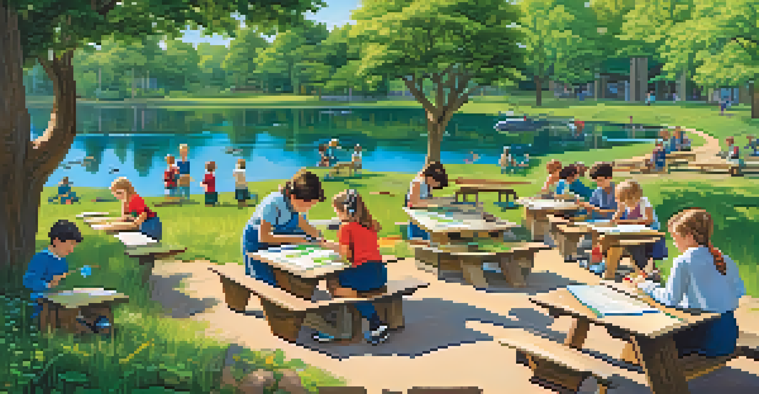 Students conducting a science experiment outdoors near a pond, surrounded by greenery and flowers.