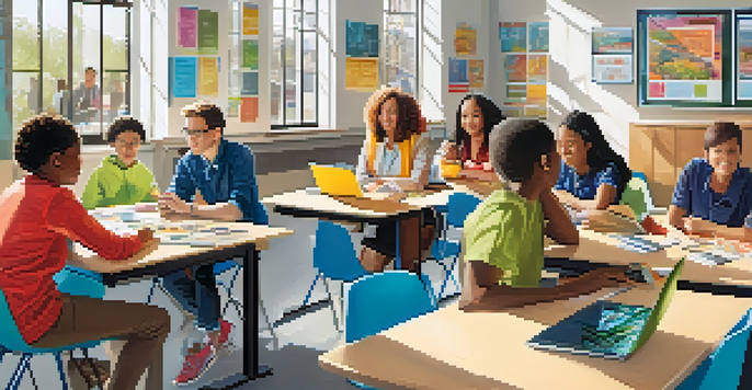A group of diverse teachers collaborating in a bright classroom with tablets and laptops around a table.