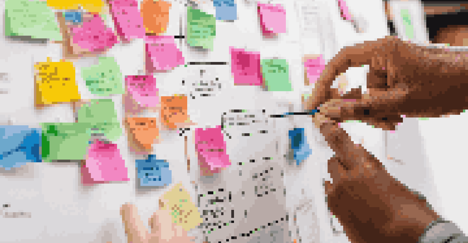 Close-up of hands collaborating on an education project with sticky notes.