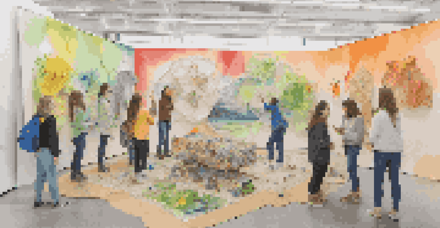 A colorful art installation made from recycled materials, illustrating climate change, with students explaining its concept to onlookers.