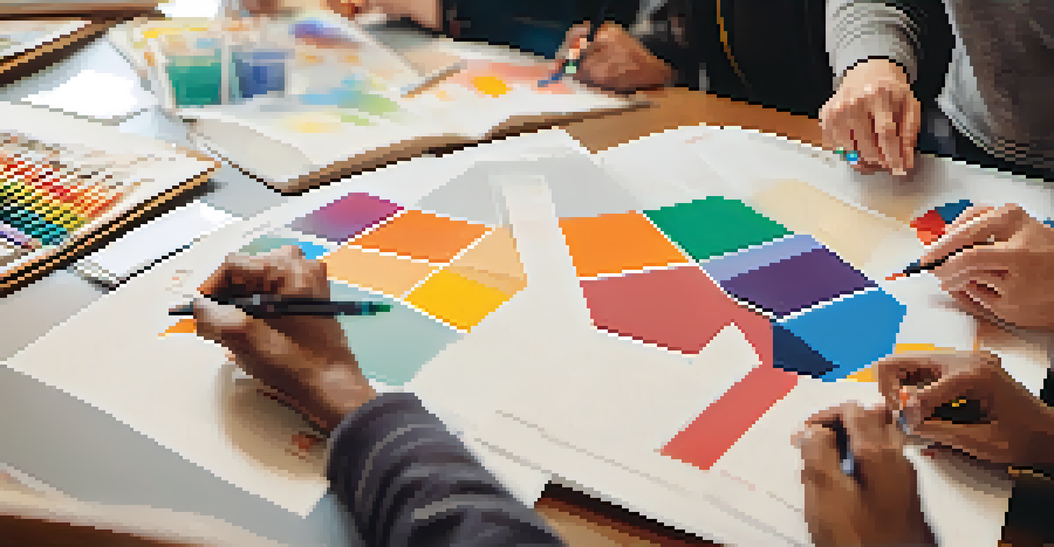 Close-up of hands exchanging ideas in a collaborative workshop setting, with colorful charts and notes visible.