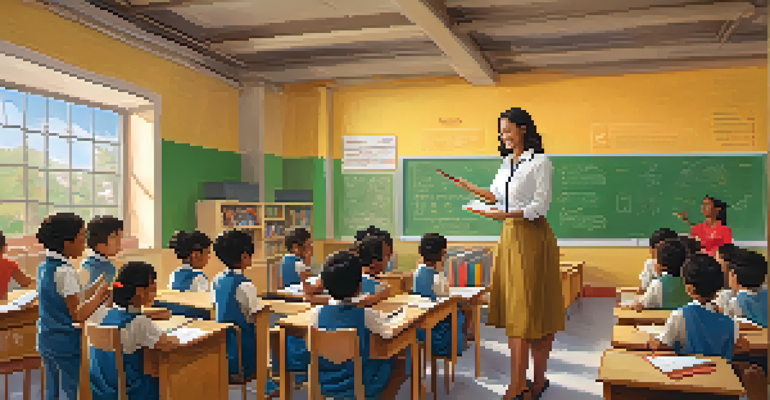 A female teacher engaging students in a gender-sensitive lesson in a colorful classroom.