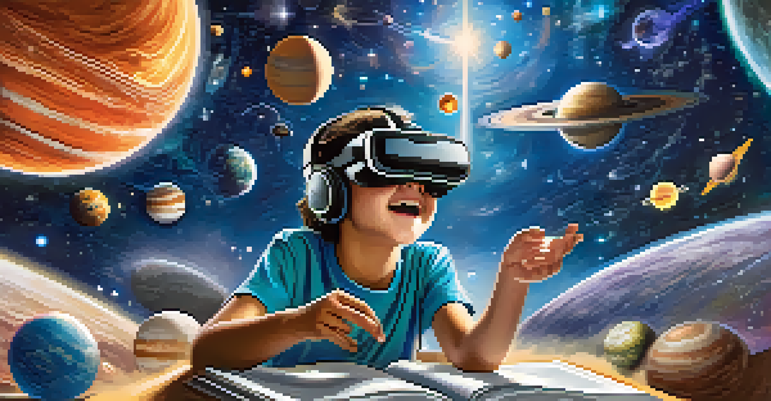 A student using virtual reality goggles to explore the solar system, surrounded by colorful planets and stars.