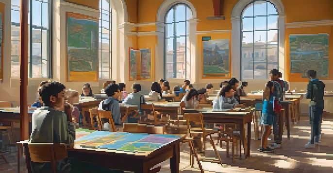 Students in a classroom using augmented reality to explore a virtual Roman marketplace with 3D models around them.