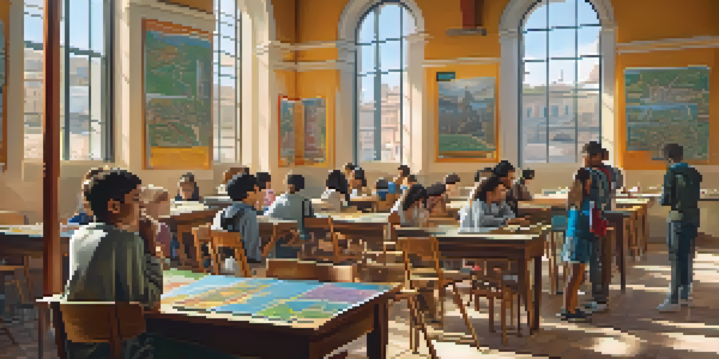 Students in a classroom using augmented reality to explore a virtual Roman marketplace with 3D models around them.