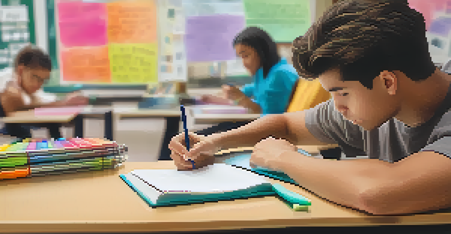 A student writing in a journal for self-reflection, with colorful stationery around and classmates blurred in the background.