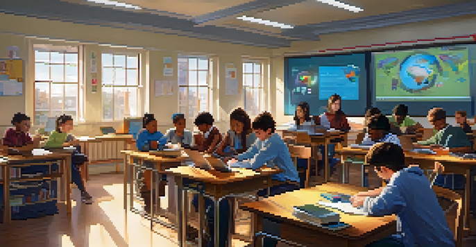 A classroom with diverse students collaborating on educational projects using various media, including tablets and screens, illuminated by sunlight.