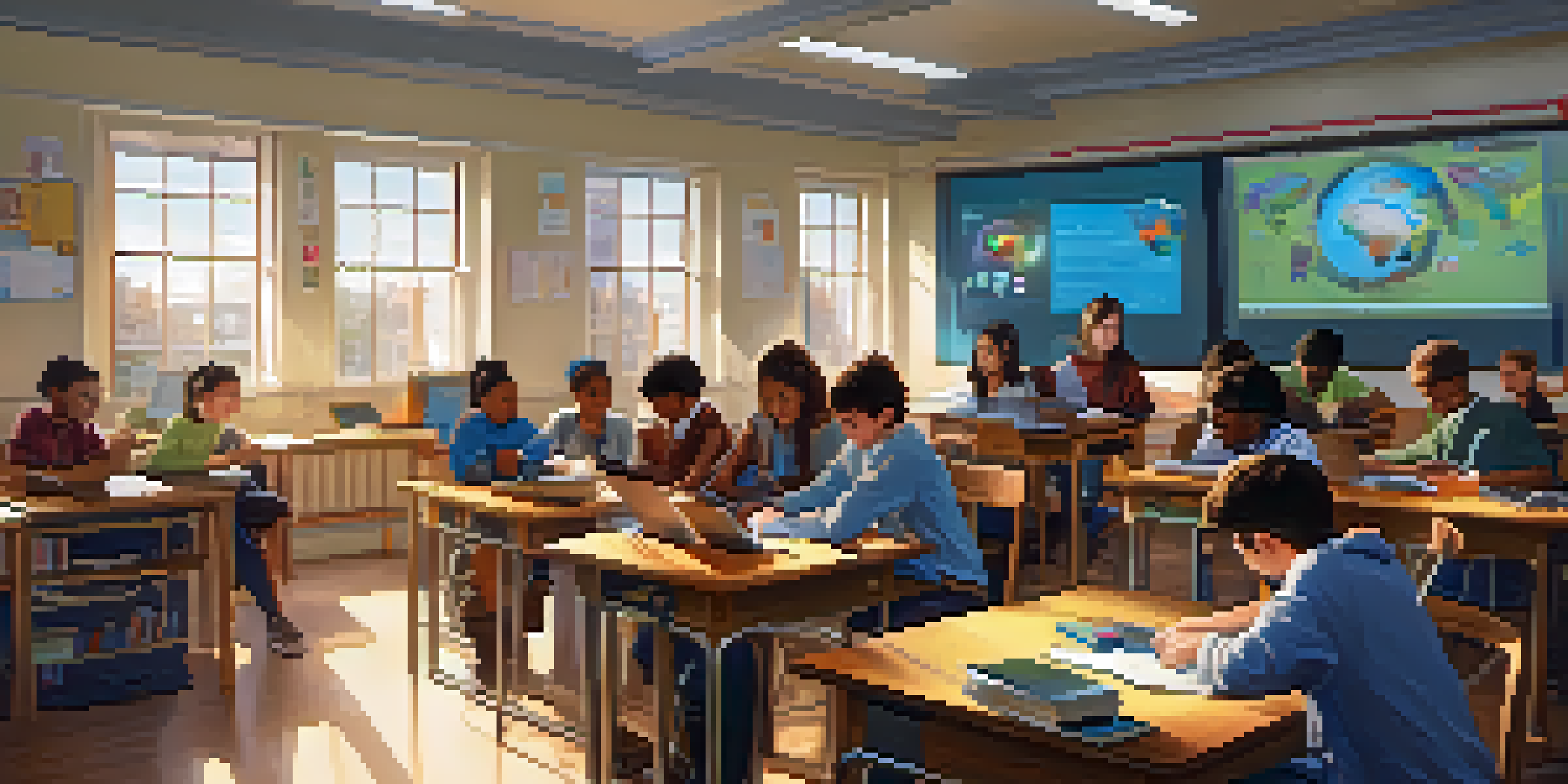 A classroom with diverse students collaborating on educational projects using various media, including tablets and screens, illuminated by sunlight.