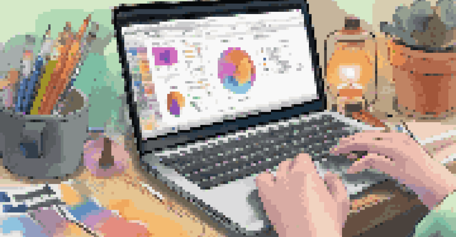A student's hands designing a colorful infographic about mental health on a laptop, surrounded by art supplies.