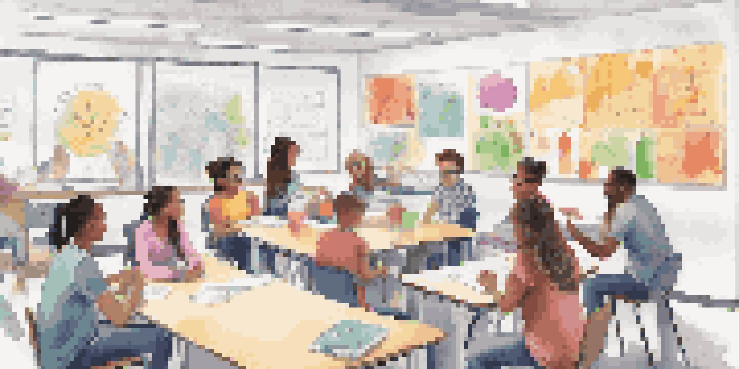 A group of diverse students working together on a project in a colorful classroom, demonstrating collaboration and engagement.