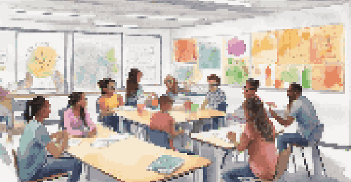 A group of diverse students working together on a project in a colorful classroom, demonstrating collaboration and engagement.