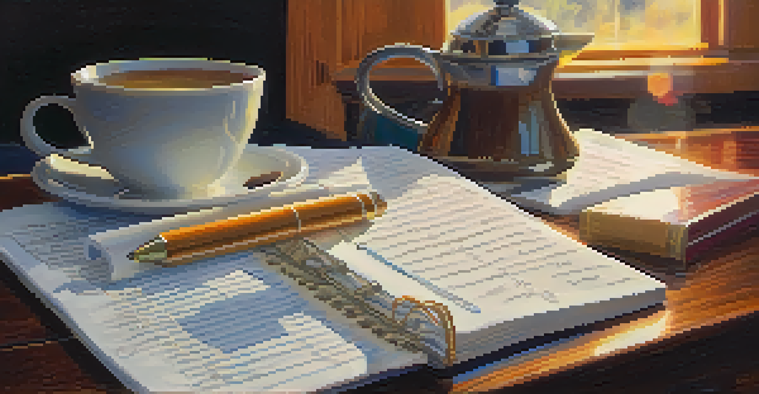 A student reflecting on colorful study notes at a wooden table with a cup of tea beside them.