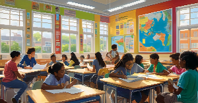 A diverse classroom with students collaborating on a project, surrounded by cultural posters and warm natural light.