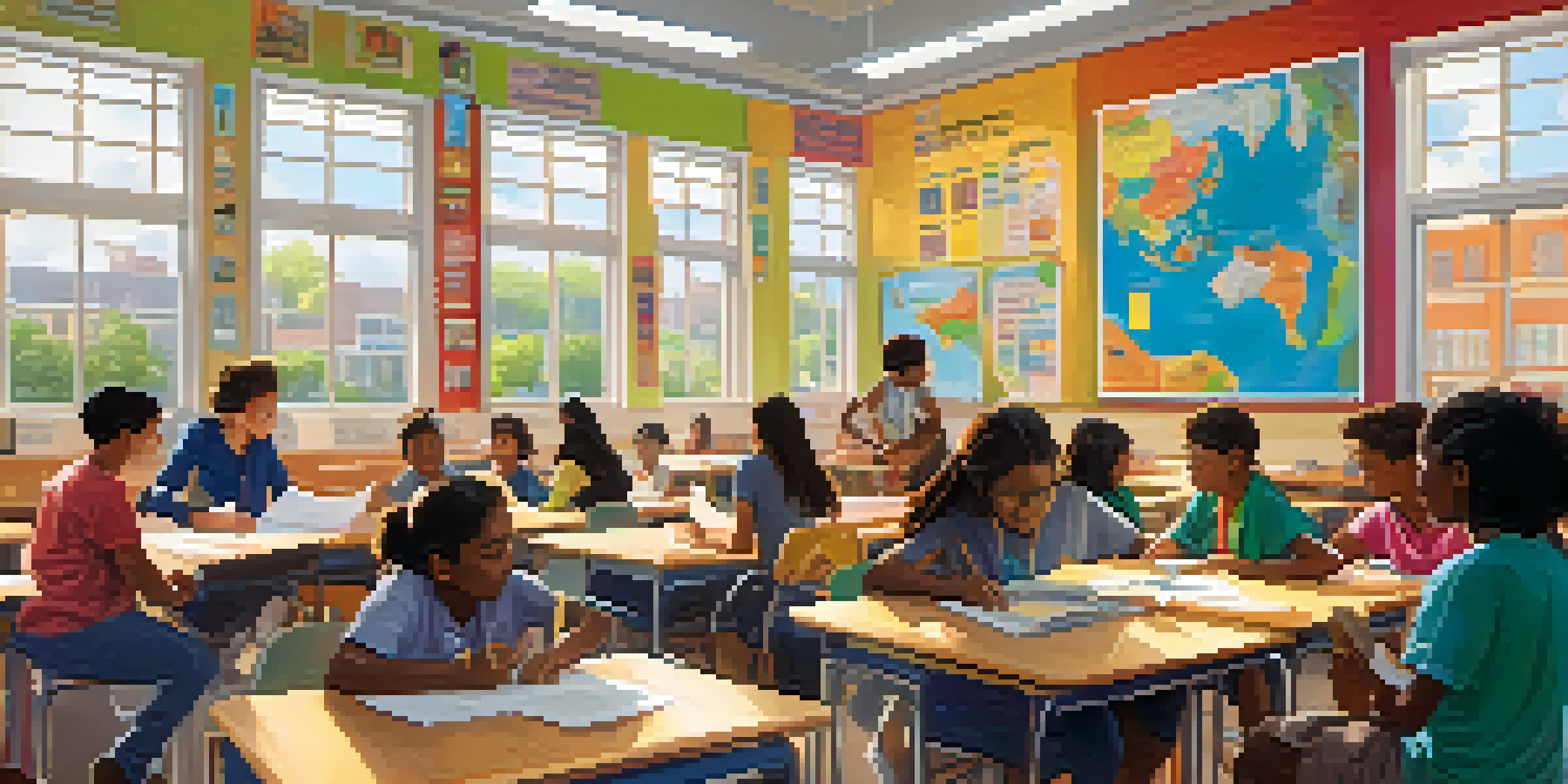 A diverse classroom with students collaborating on a project, surrounded by cultural posters and warm natural light.
