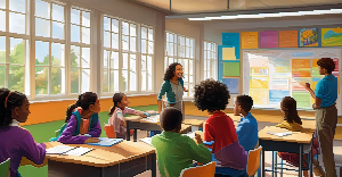 A colorful classroom where diverse students are collaborating on a project with a supportive teacher.