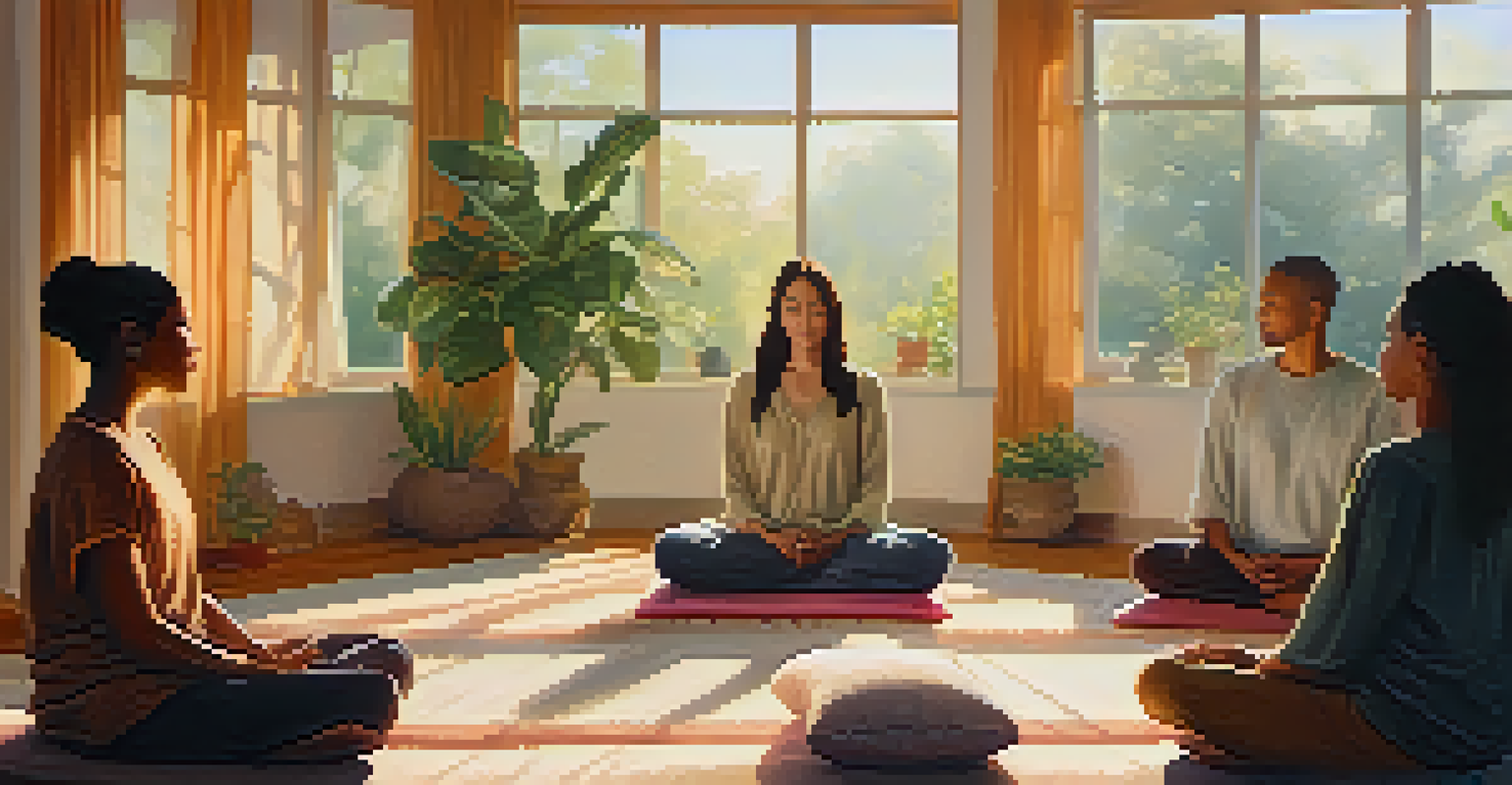 A diverse group of adult learners meditating in a sunlit room, practicing deep breathing with peaceful expressions.