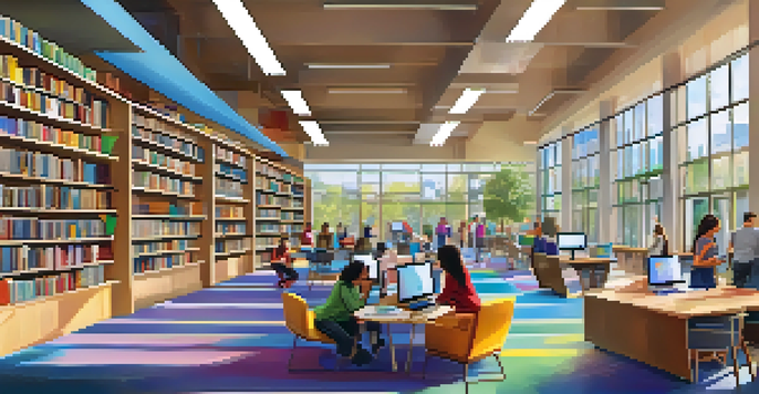 A busy library interior with people engaged in digital learning activities using computers and tablets, surrounded by colorful bookshelves and natural light.