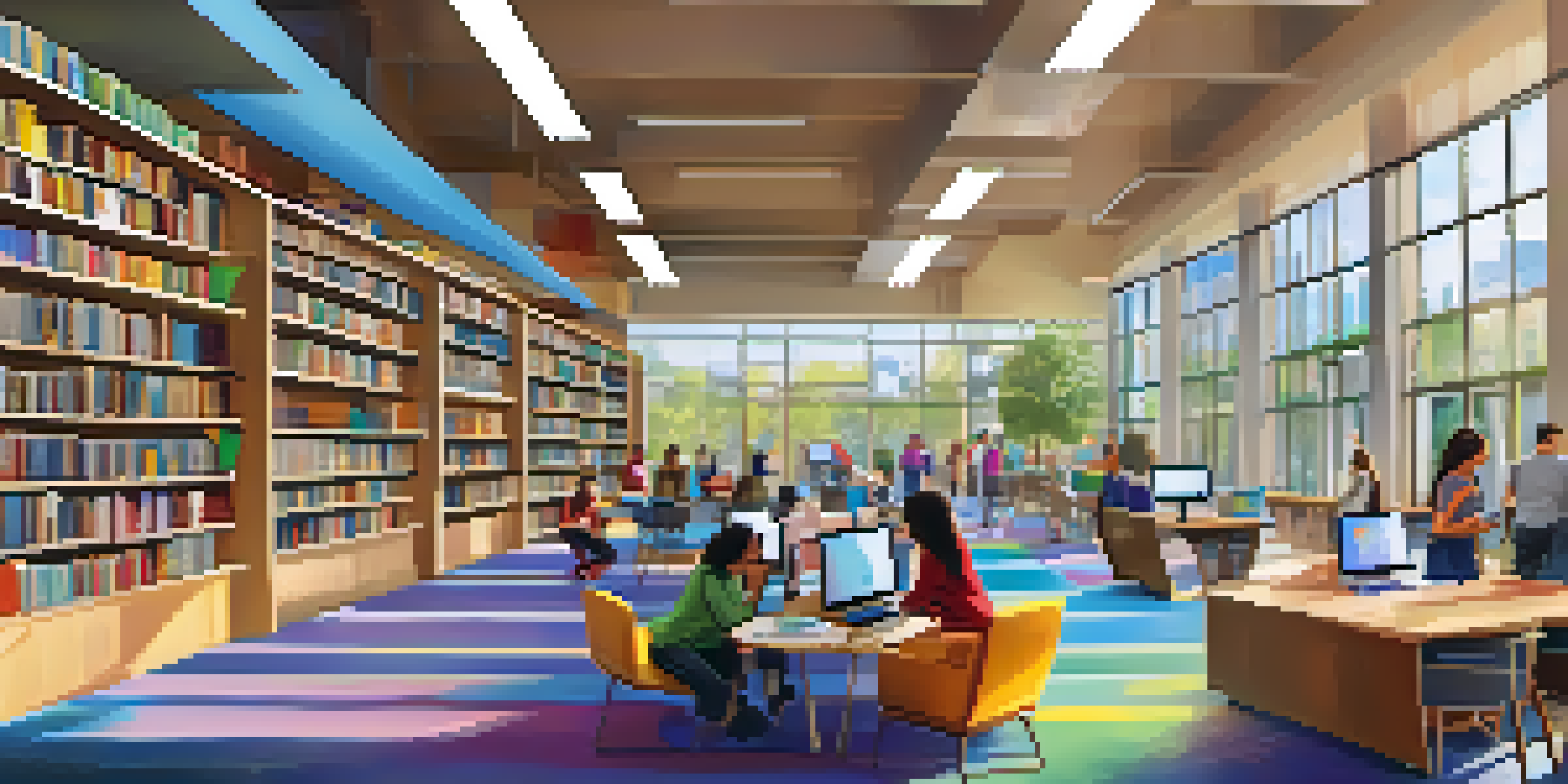 A busy library interior with people engaged in digital learning activities using computers and tablets, surrounded by colorful bookshelves and natural light.