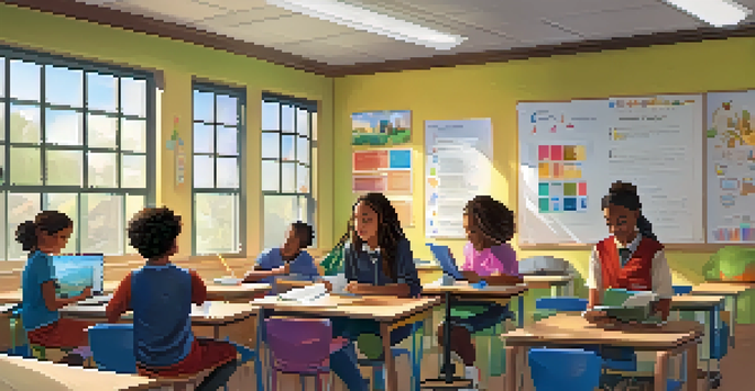 A vibrant classroom with diverse students involved in personalized learning. One student conducts a science experiment, another reads a book, with a supportive teacher in the background.