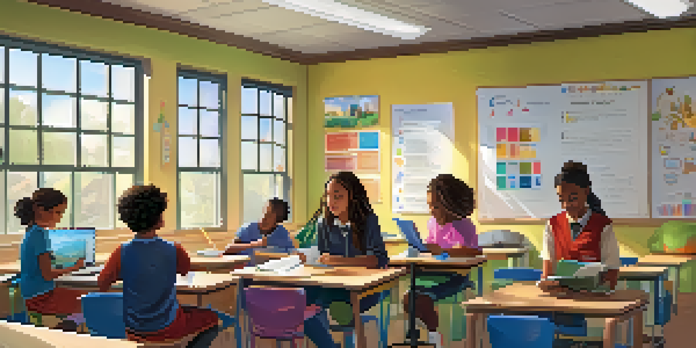 A vibrant classroom with diverse students involved in personalized learning. One student conducts a science experiment, another reads a book, with a supportive teacher in the background.