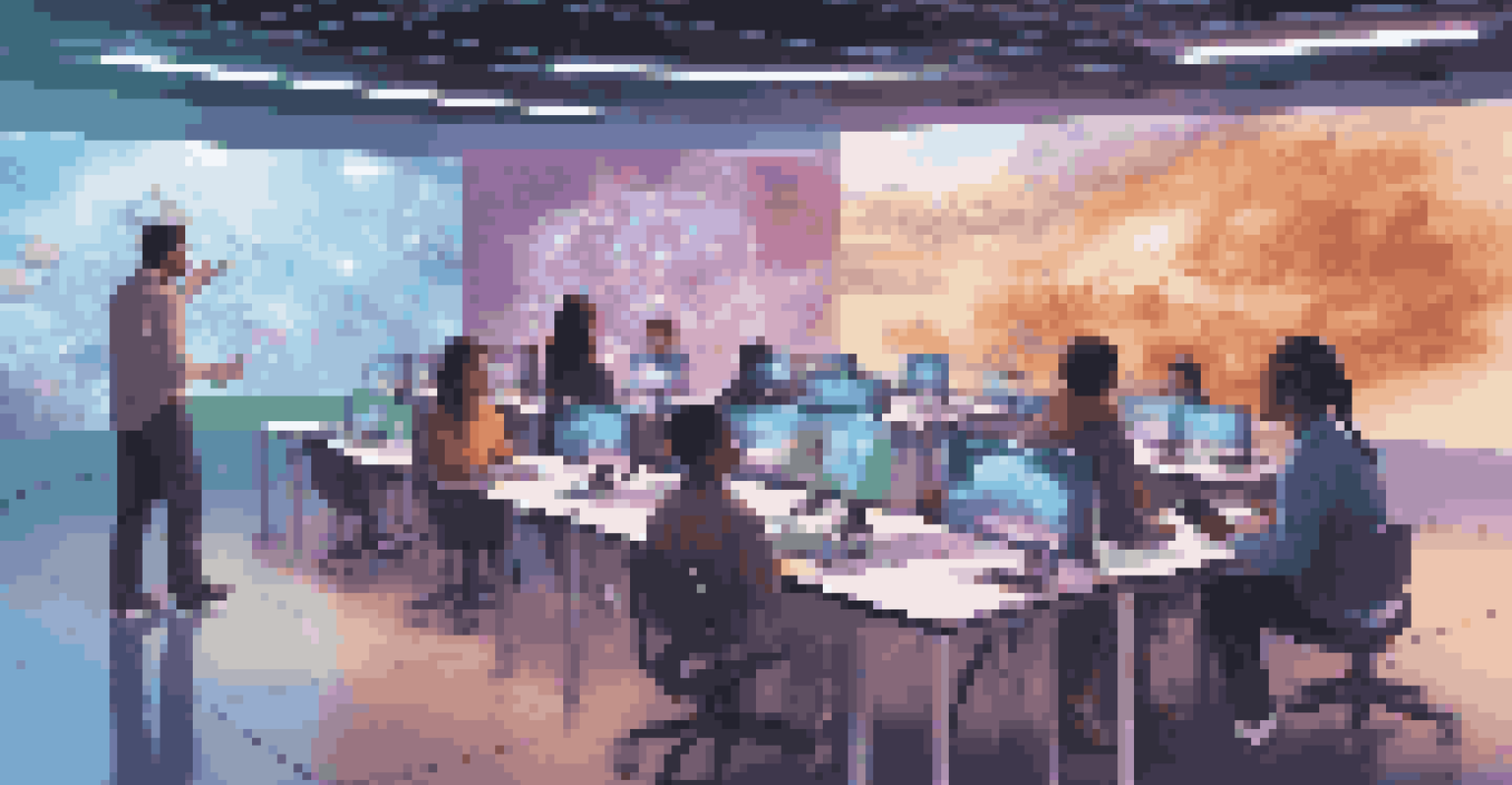 A futuristic virtual classroom with students interacting with AI holograms, immersed in an engaging learning experience.