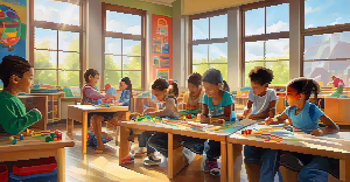 A bright classroom filled with children participating in playful learning activities, surrounded by colorful toys and art supplies.