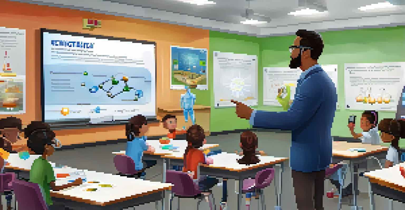 An educator teaching a class using a smart board with augmented reality content on chemical reactions, with students attentively watching.