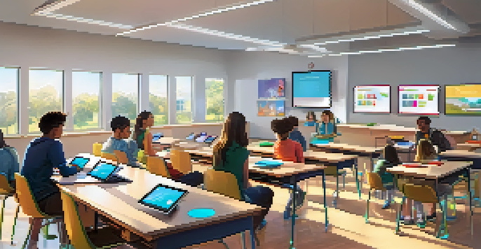 A vibrant classroom with students of different backgrounds using AI technology to engage in personalized learning, featuring holographic displays and bright natural lighting.