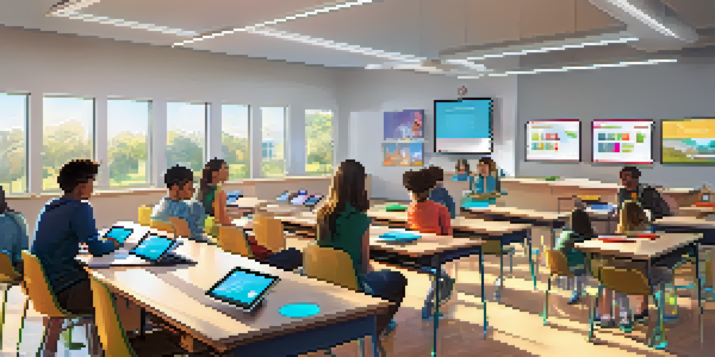 A vibrant classroom with students of different backgrounds using AI technology to engage in personalized learning, featuring holographic displays and bright natural lighting.