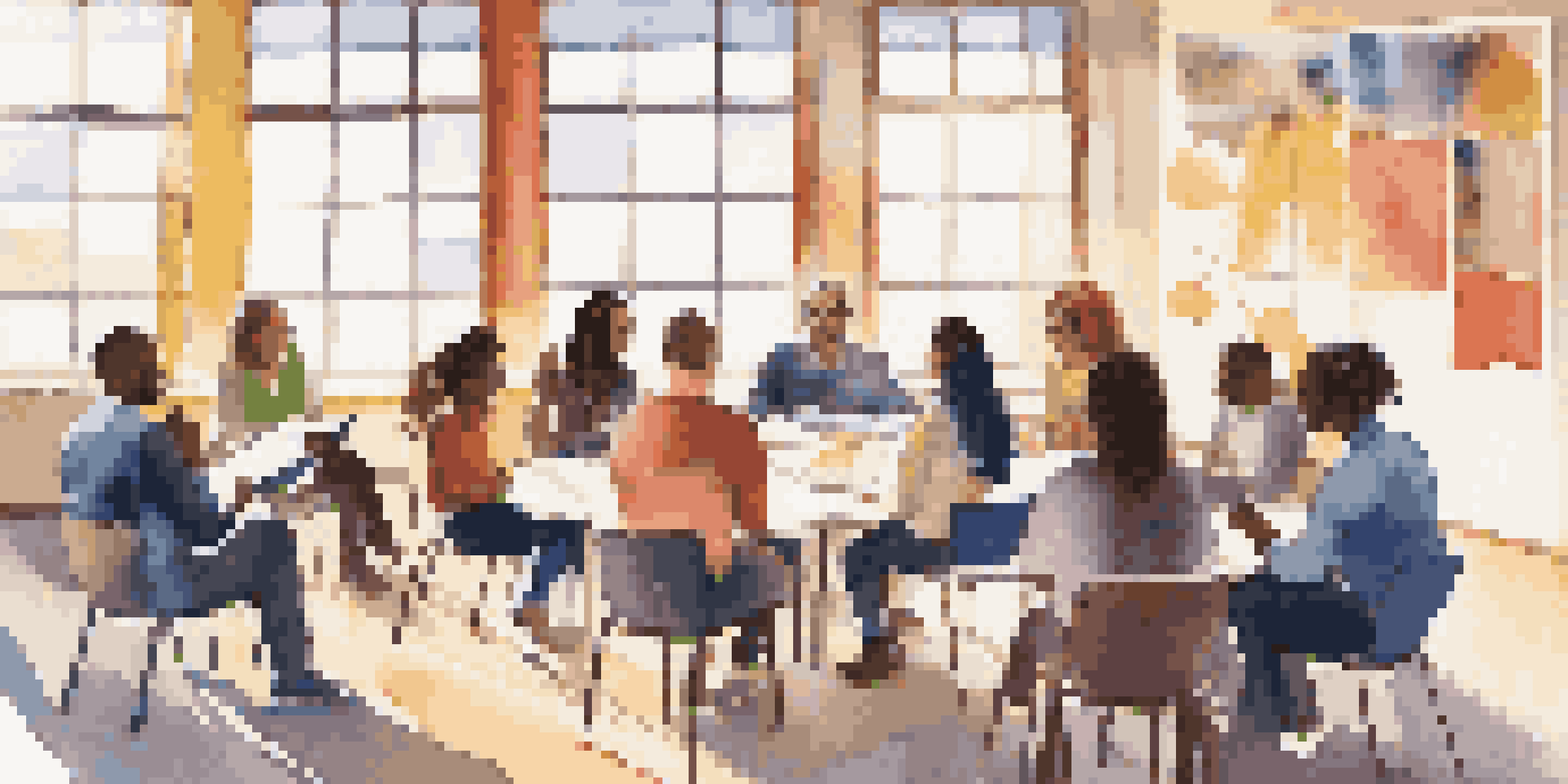 A diverse group of teachers sitting in a circle, engaged in discussion in a bright classroom filled with natural light.
