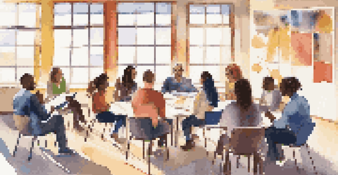 A diverse group of teachers sitting in a circle, engaged in discussion in a bright classroom filled with natural light.