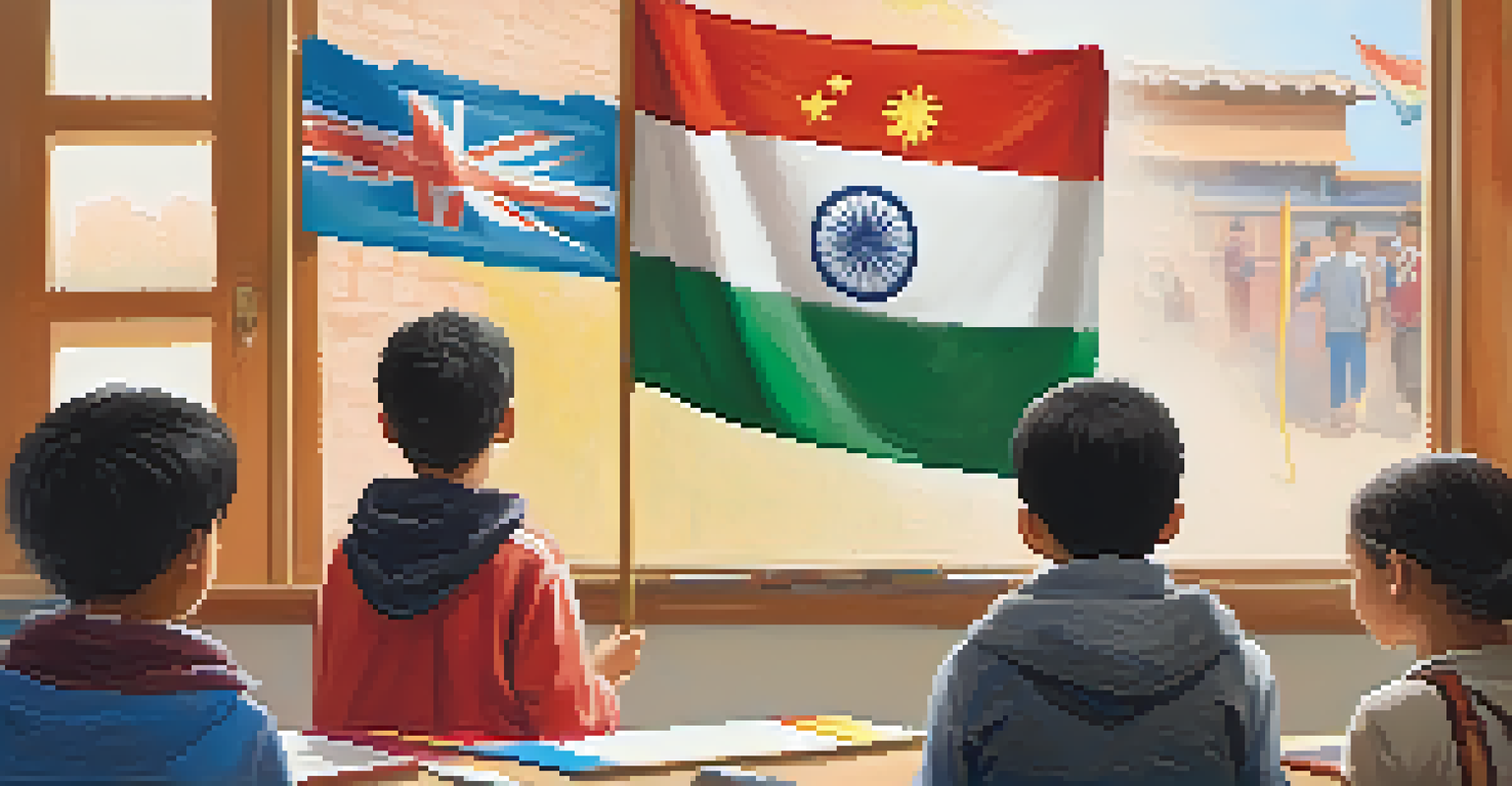 Students in a classroom presenting their cultural backgrounds through art and artifacts, with colorful decorations on the walls.