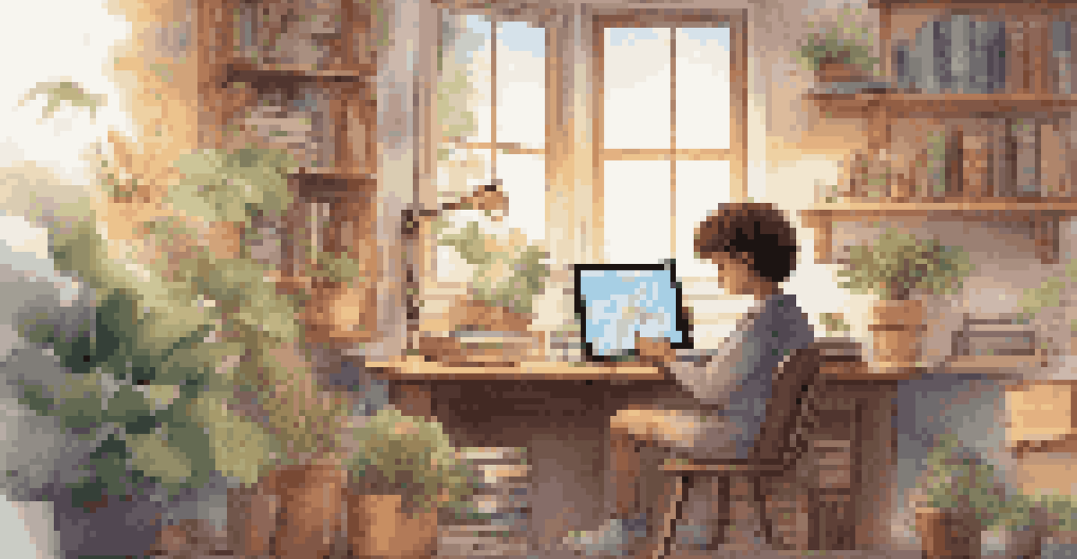 A student exploring social media on a tablet at a cozy desk filled with books and a world map in the background.