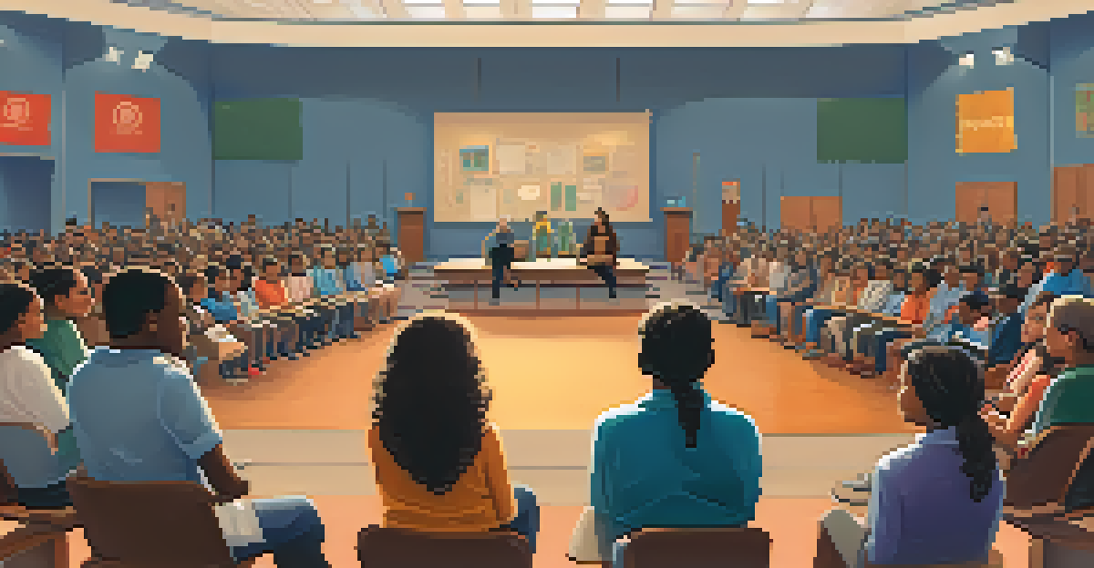A community forum in a school auditorium with parents and educators engaging in a discussion about cultural sensitivity.