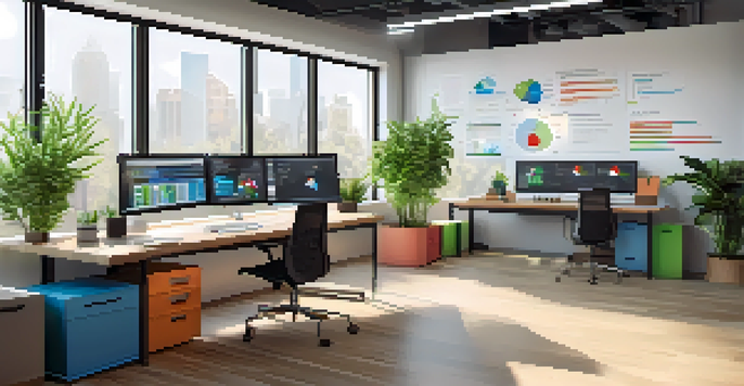 A bright modern office workspace with a desktop computer showing a colorful LMS interface, natural light, and plants on the desk.