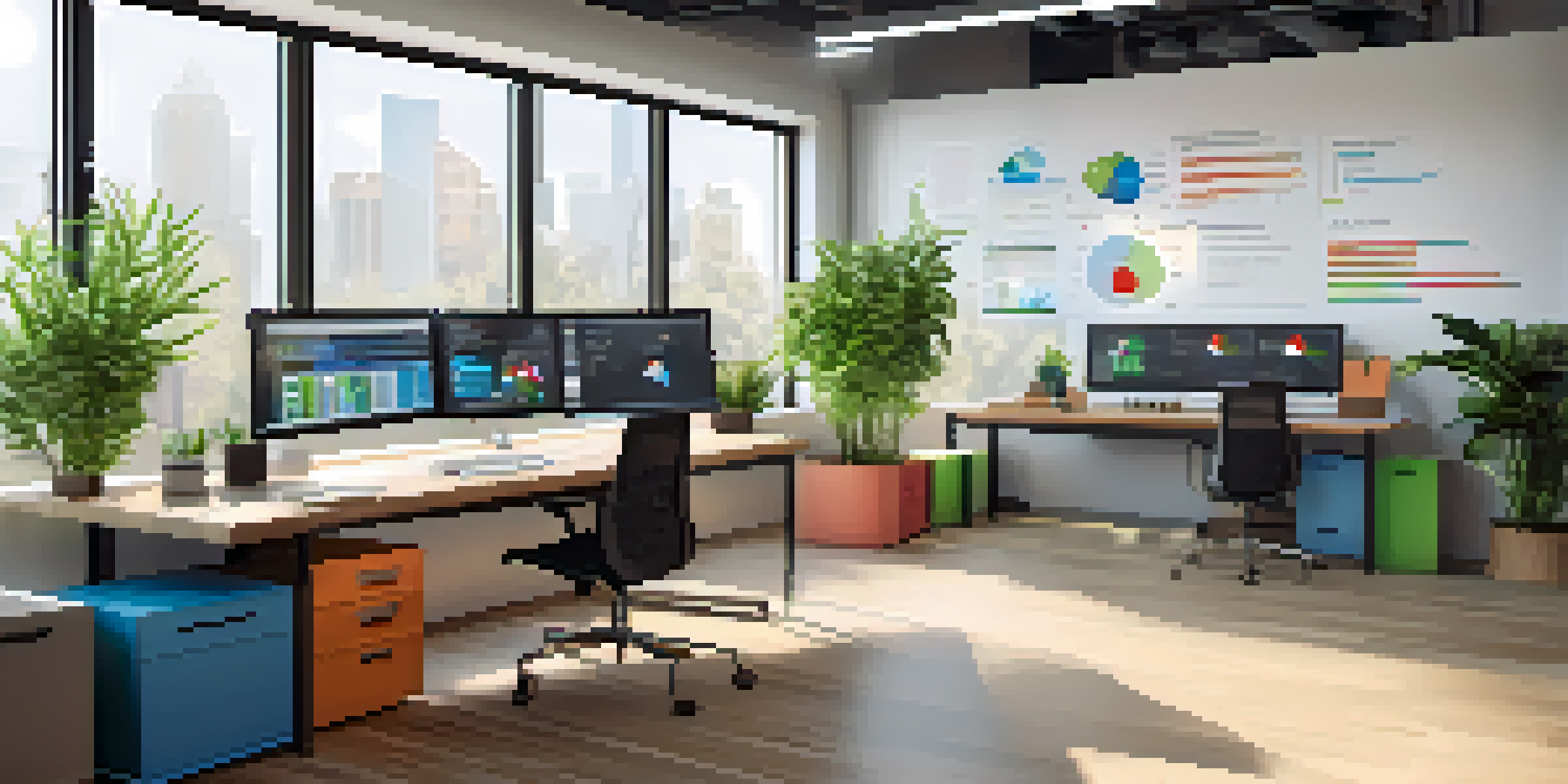 A bright modern office workspace with a desktop computer showing a colorful LMS interface, natural light, and plants on the desk.