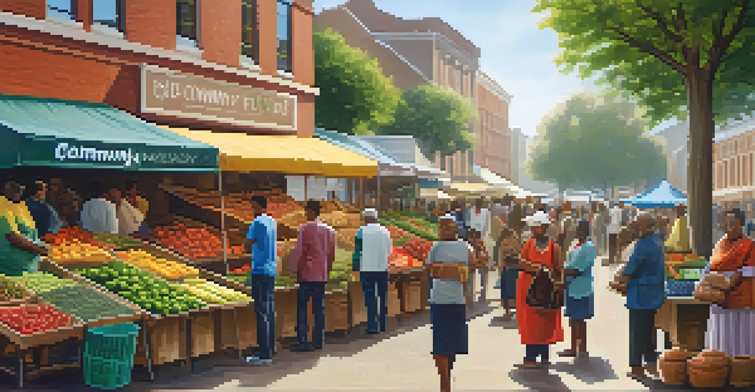 A vibrant local market scene with community members discussing financial literacy amidst colorful stalls and a banner.