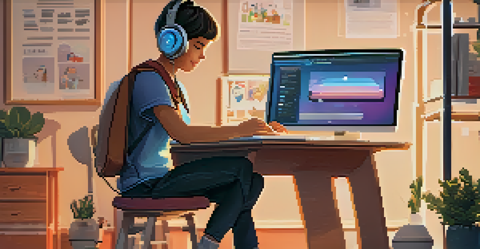 A student receiving assistance from an AI chatbot on a laptop, surrounded by a cozy study environment with educational materials.