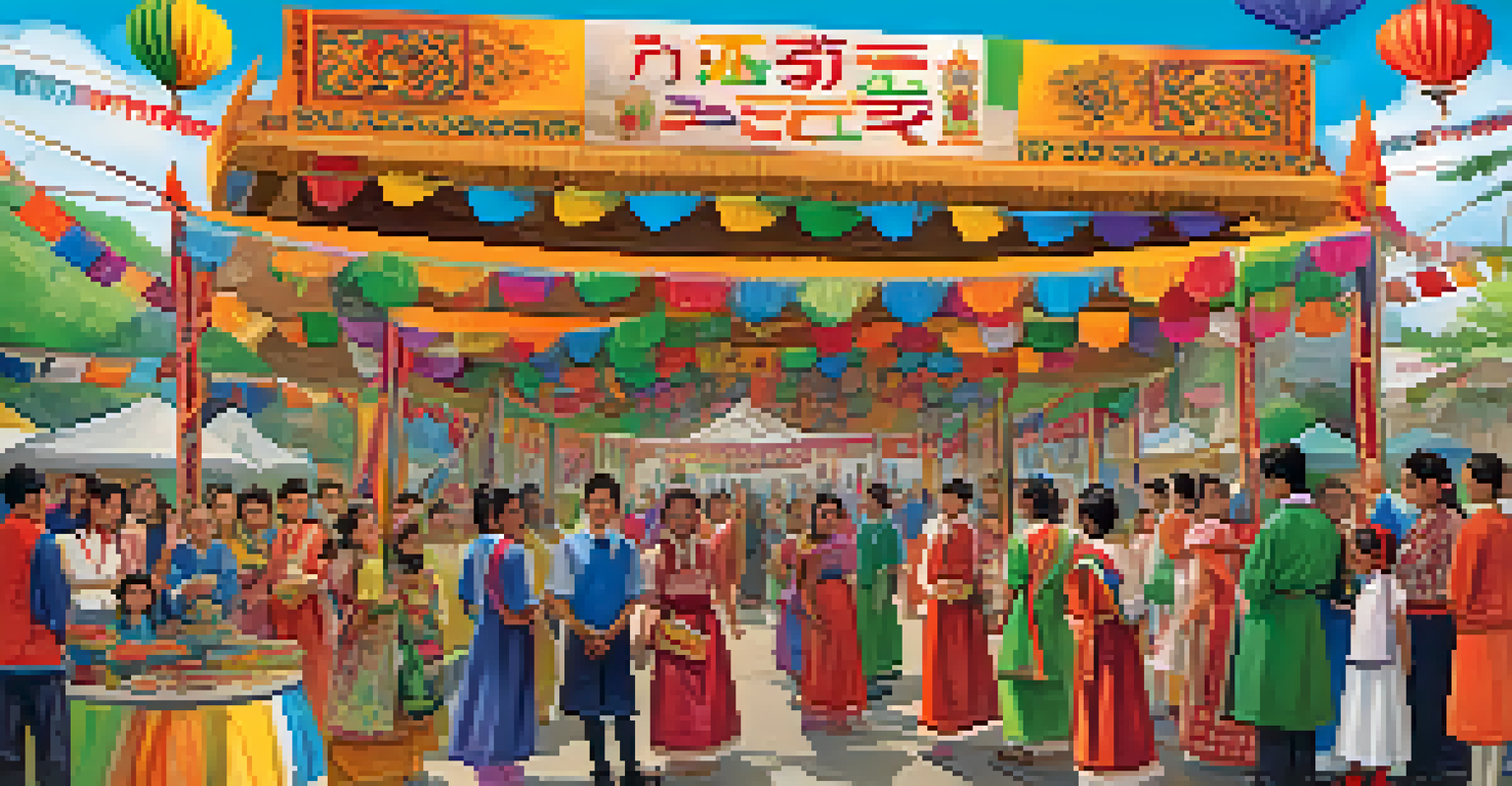 A lively school cultural fair with students in traditional attire sharing their heritage at colorful booths.