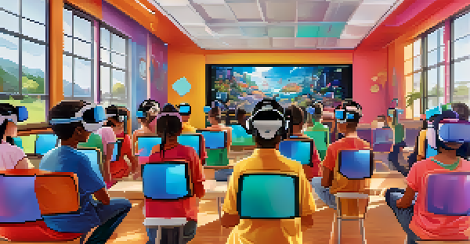 A diverse group of students in a virtual reality classroom, wearing headsets, engaging in digital literacy activities with colorful displays.