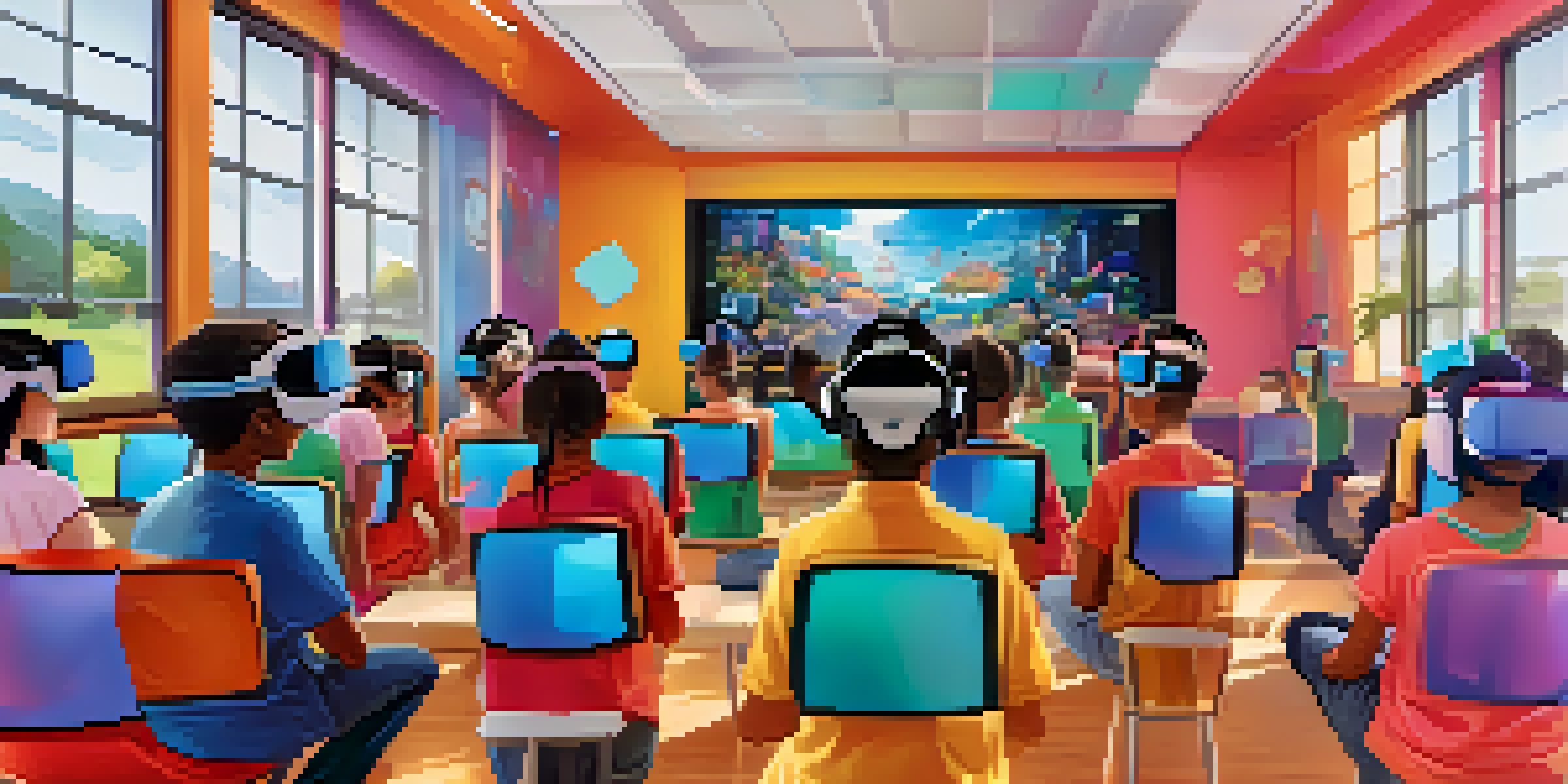 A diverse group of students in a virtual reality classroom, wearing headsets, engaging in digital literacy activities with colorful displays.