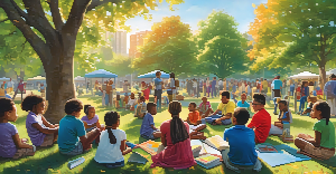 A diverse group of people in a park engaged in educational activities, with children reading and adults discussing.
