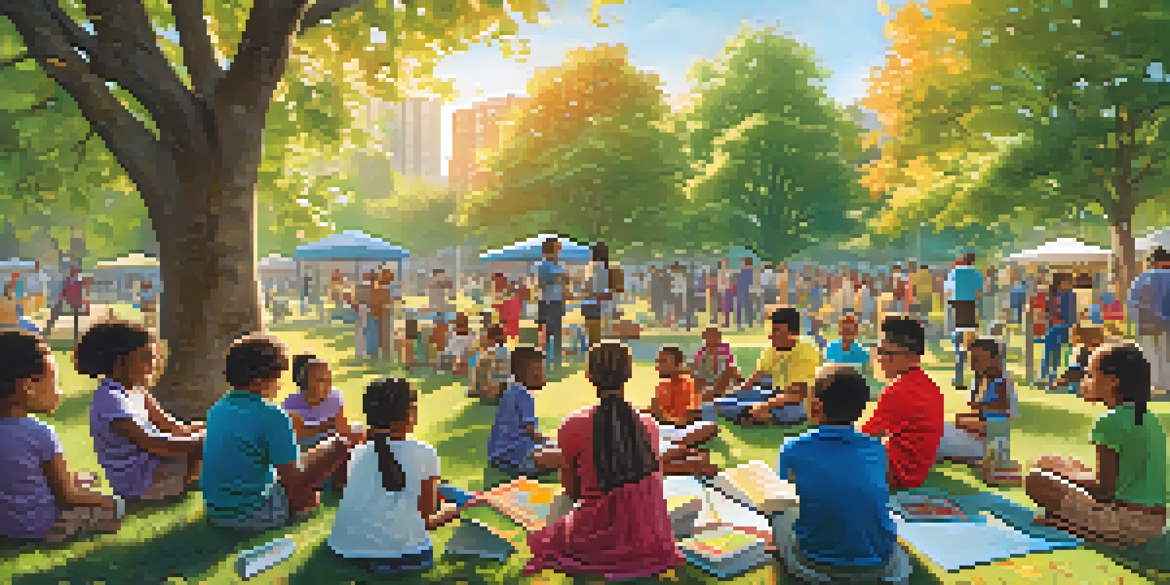 A diverse group of people in a park engaged in educational activities, with children reading and adults discussing.